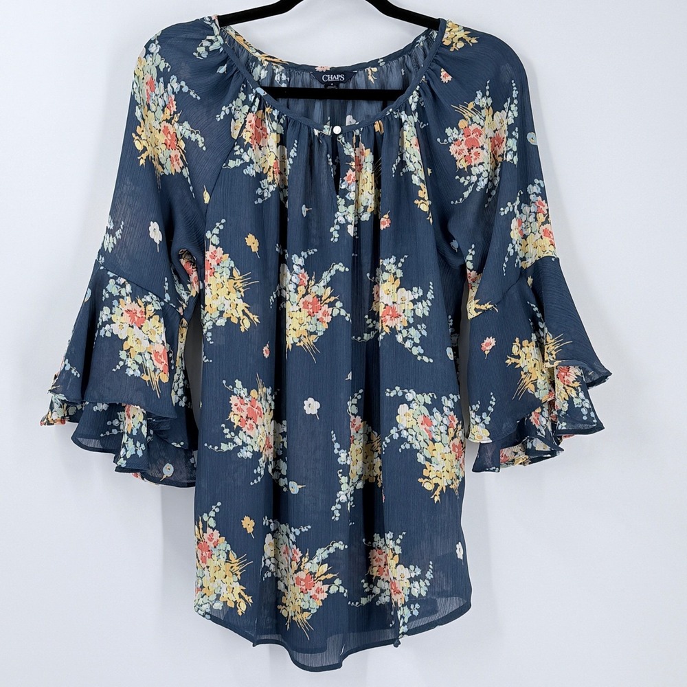 Chaps Floral Tiered Bell Sleeve sheer top Womens sz M boho festival cottagecore